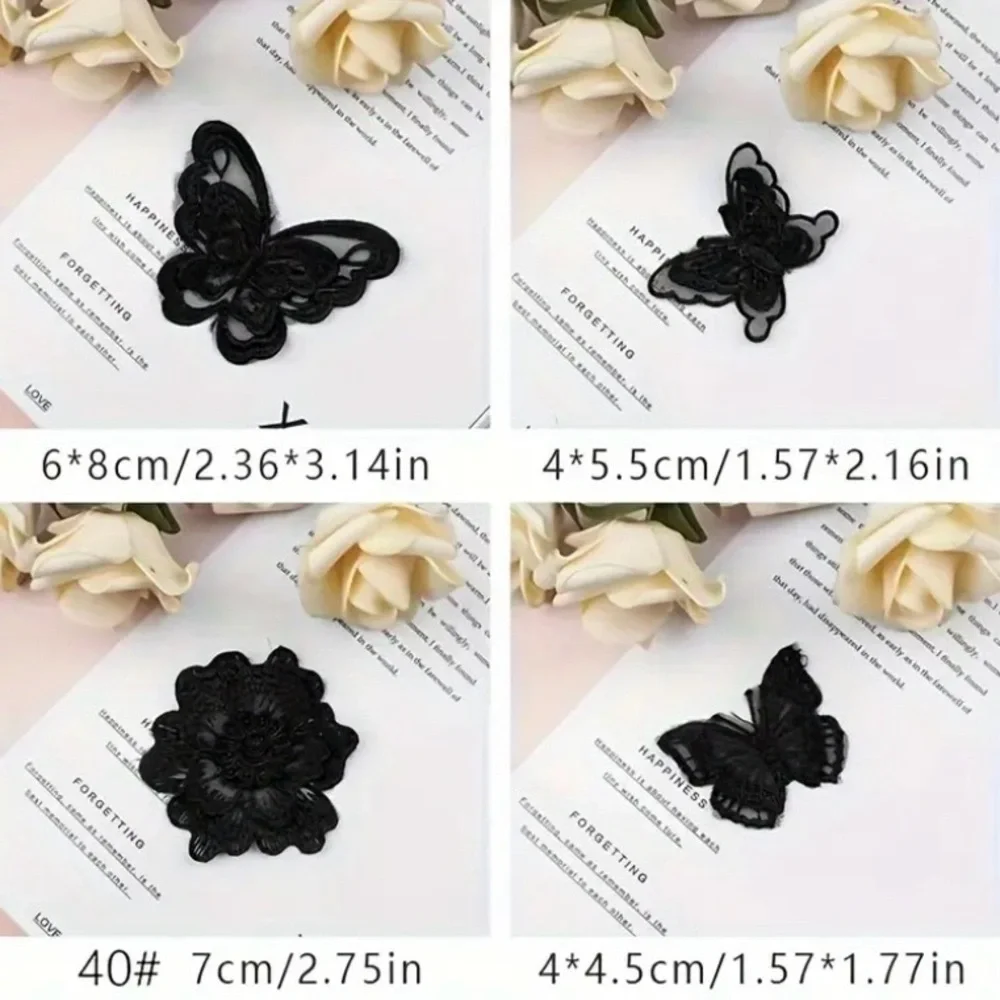 Black Embroidered Sew-On Floral Appliqué, Craft & Clothing Embellishment, New